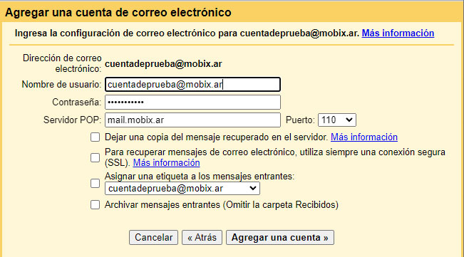 Datos del servidor de entrada de tu cuenta de correo